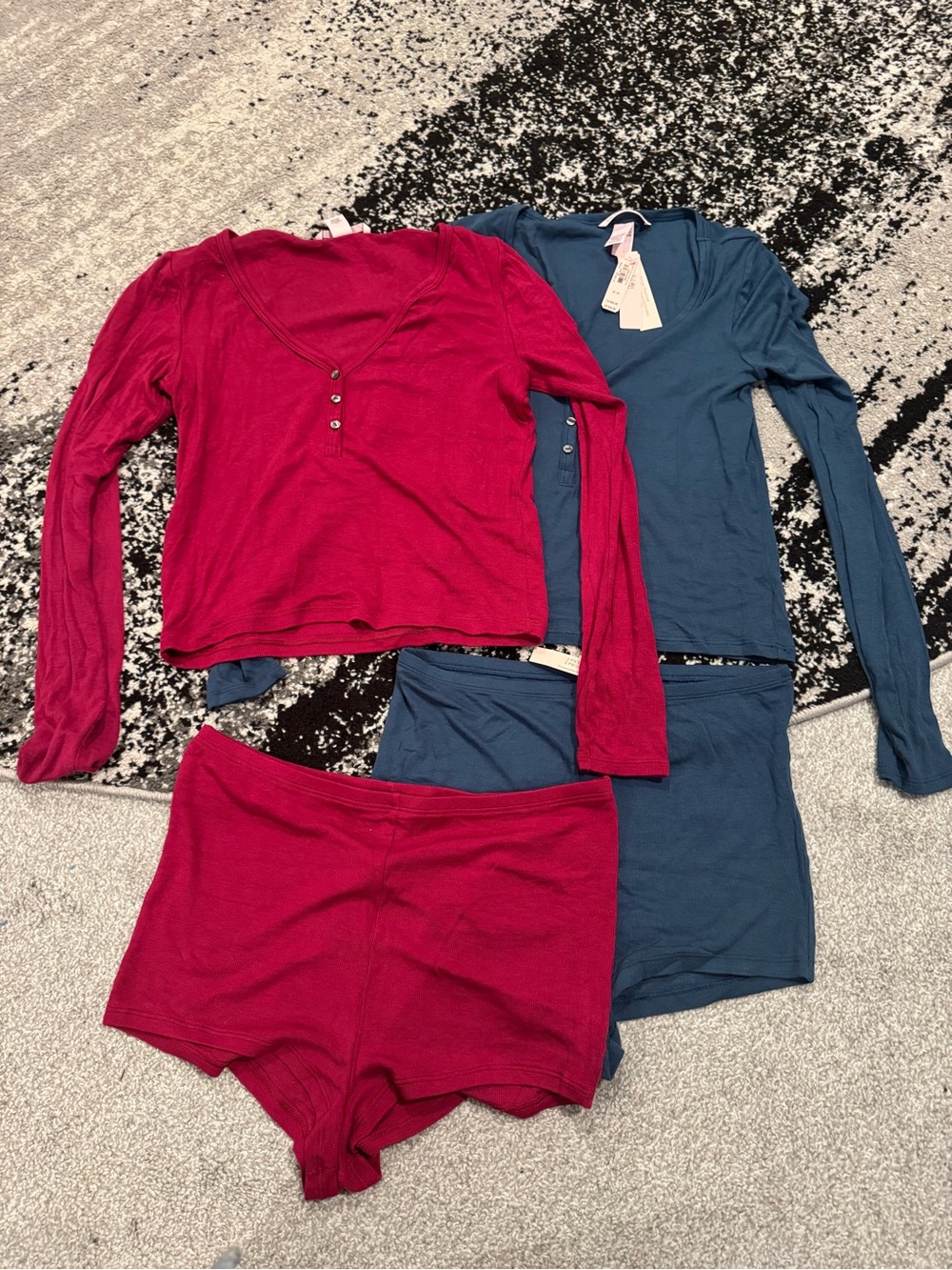 Victoria's Secret Long Sleeve Thermal Top & Short Set - Berry Red and Teal Blue